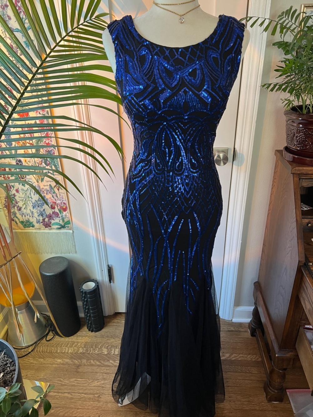Amazon Navy Blue and Black Sequin Beaded Evening Gown